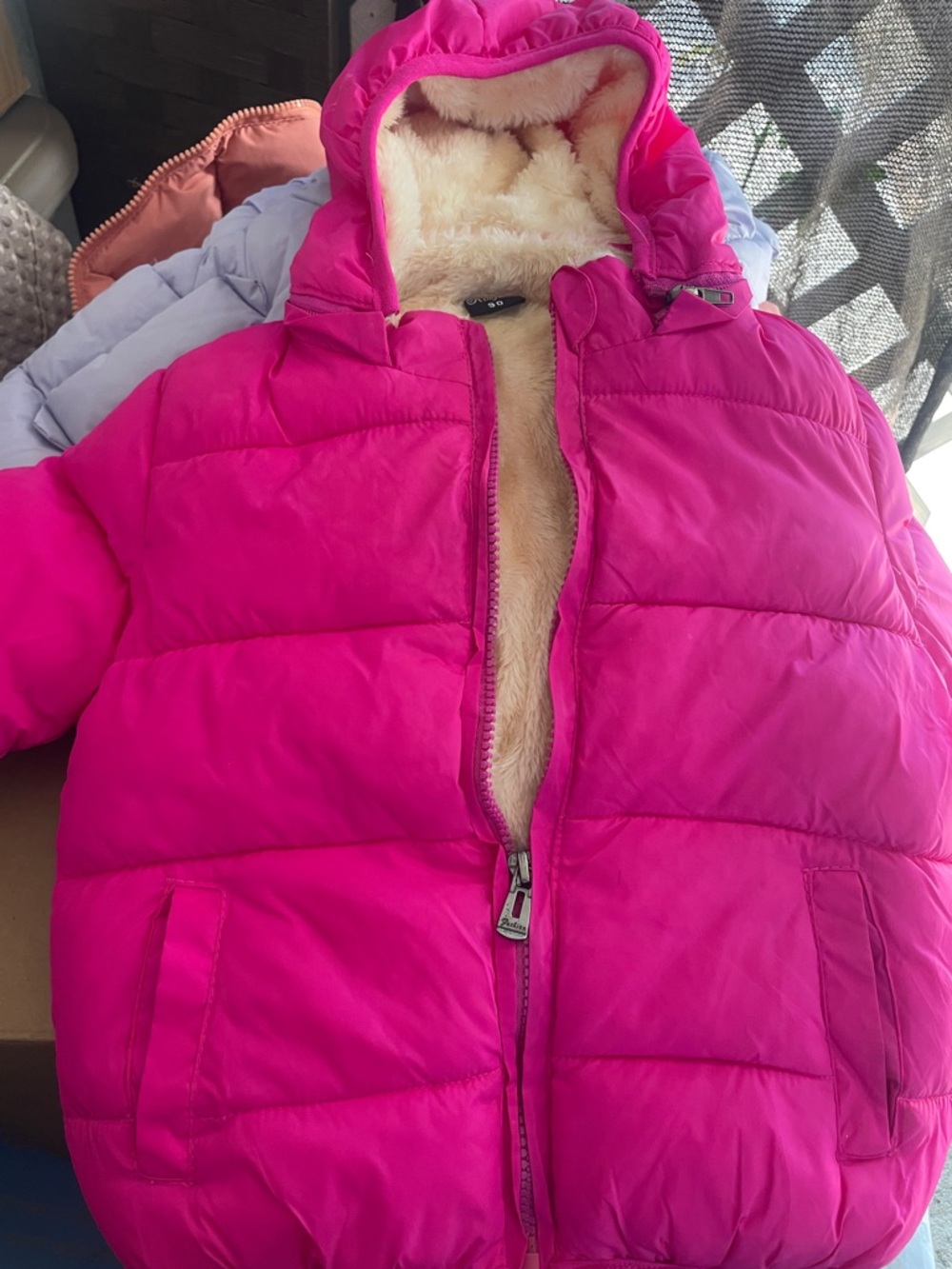Girls' Hot Pink Puffer Jacket with Faux Fur Lining